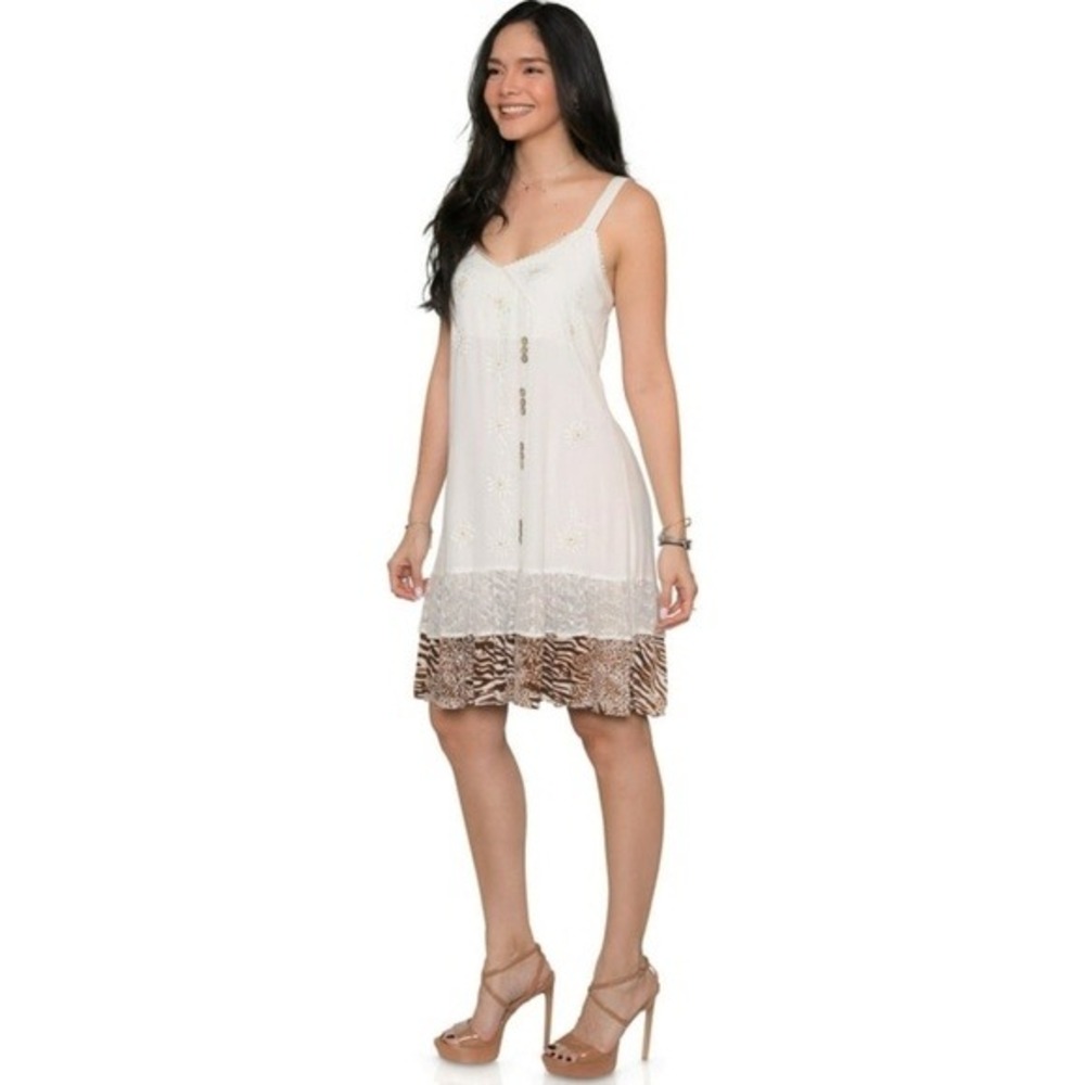 Raya Sun Dress Womens M Beige Animal Print Embroidered Boho Summer Mini - Picture 2 of 6